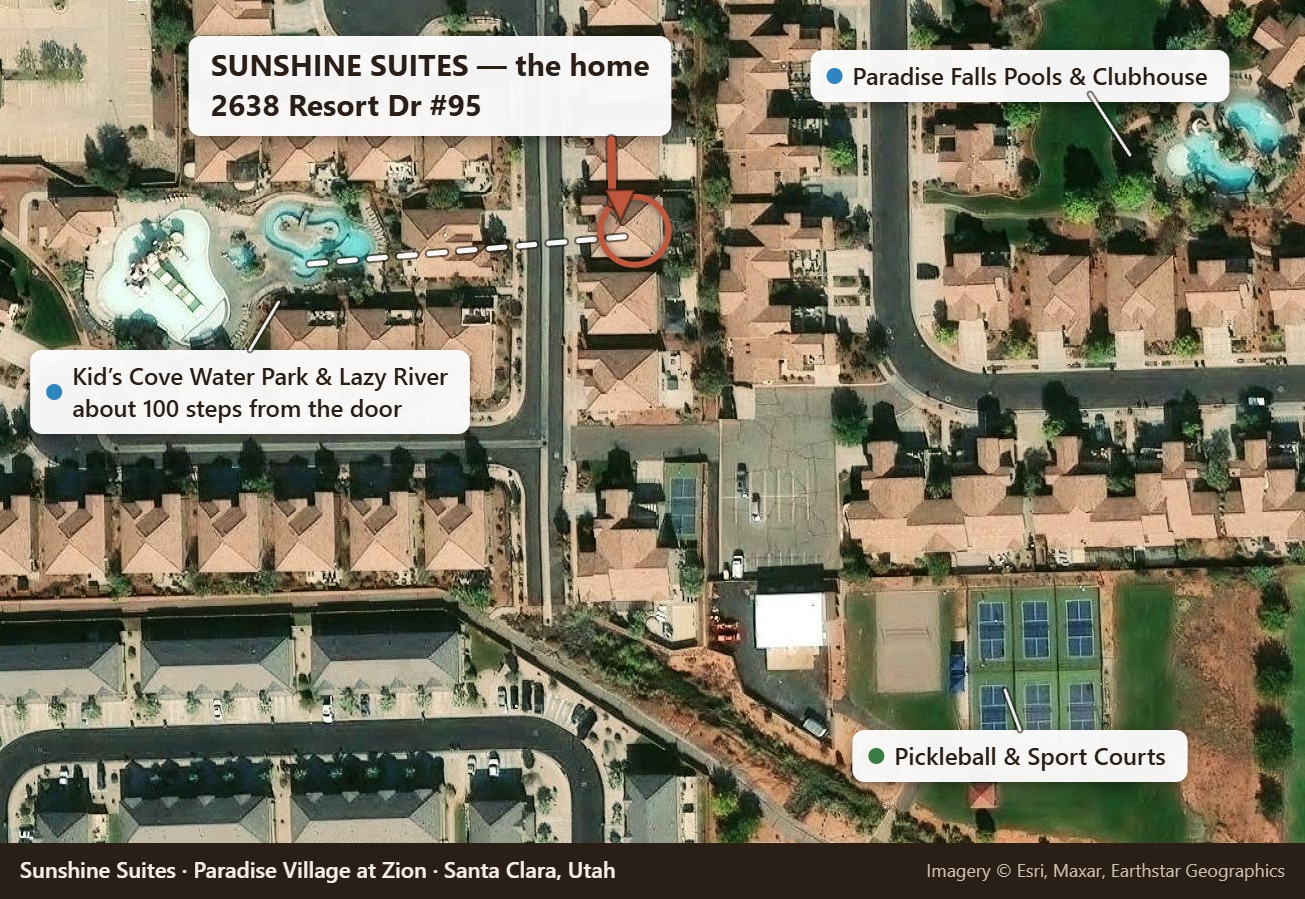 Aerial view showing Sunshine Suites about 100 steps from the Kid’s Cove water park and lazy river, with the Paradise Falls pools and pickleball courts nearby
